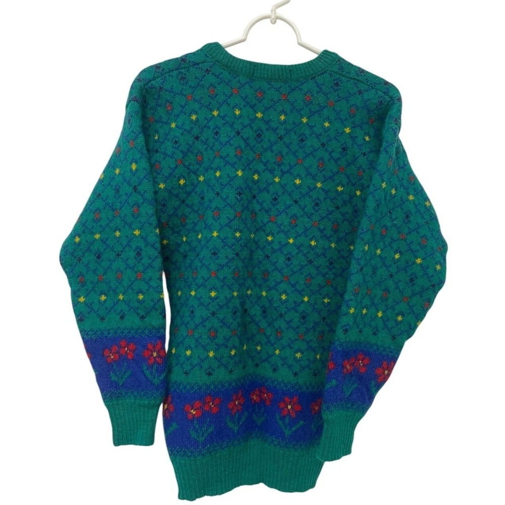 Tulchan Pullover Wool Sweater Womens Medium Green Knit Vintage Flowers - Picture 2 of 9